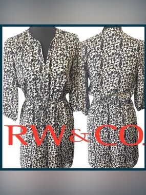 RW&CO Black/White Floral V-Neck Long Sleeve Dress (XS)